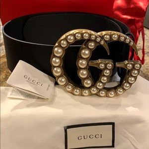 Gucci Wide Leather Belt with Pearl Double G